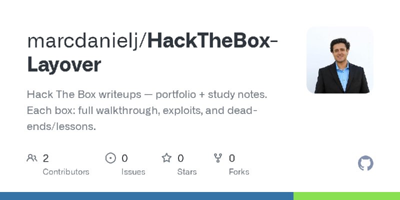 GitHub - marcdanielj/HackTheBox-Layover: Hack The Box writeups — portfolio + study notes. Each box: full walkthrough, exploits…