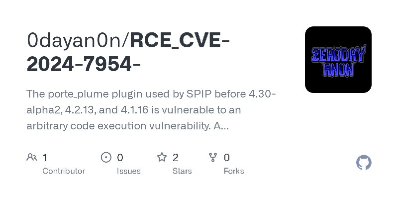 GitHub - 0dayan0n/RCE_CVE-2024-7954-: The porte_plume plugin used by SPIP before 4.30-alpha2, 4.2.13, and 4.1.16 is vulnerable…