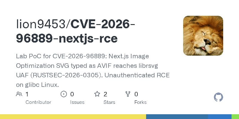 GitHub - lion9453/CVE-2026-96889-nextjs-rce: Lab PoC for CVE-2026-96889: Next.js Image Optimization SVG typed as AVIF reaches librsvg…