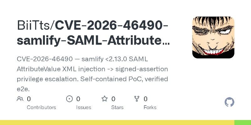 GitHub - BiiTts/CVE-2026-46490-samlify-SAML-Attribute-Injection: CVE-2026-46490 — samlify <2.13.0 SAML AttributeValue XML injection…