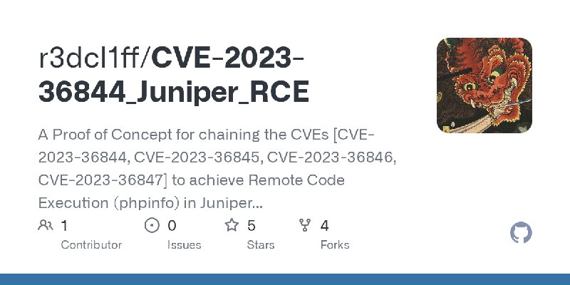 GitHub - r3dcl1ff/CVE-2023-36844_Juniper_RCE: A Proof of Concept for chaining the CVEs [CVE-2023-36844, CVE-2023-36845, CVE-2023…