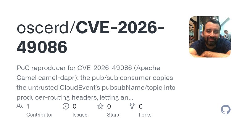 GitHub - oscerd/CVE-2026-49086: PoC reproducer for CVE-2026-49086 (Apache Camel camel-dapr): the pub/sub consumer copies the untrusted…