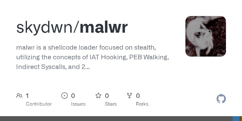 GitHub - skydwn/malwr: malwr is a shellcode loader focused on stealth, utilizing the concepts of IAT Hooking, PEB Walking, Indirect…