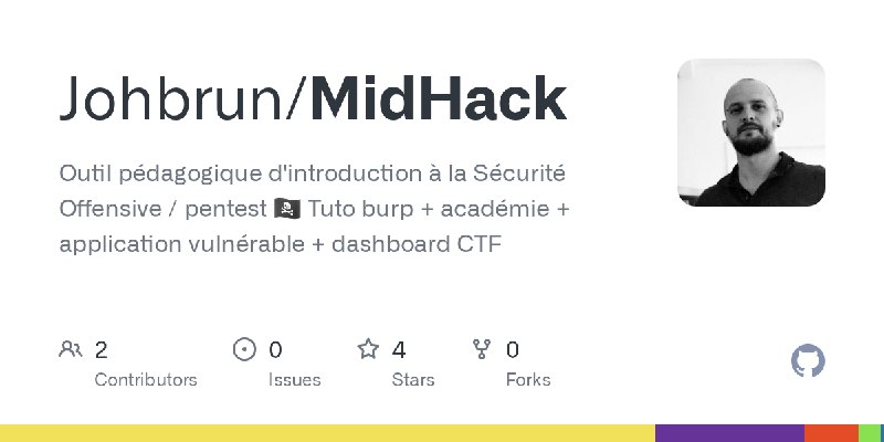 GitHub - Johbrun/MidHack: Outil pédagogique d'introduction à la Sécurité Offensive / pentest 🏴‍☠️ Tuto burp + académie + application…