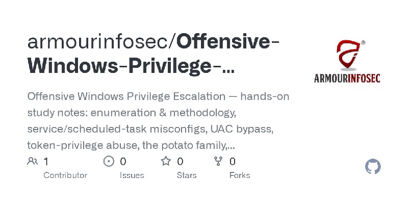 GitHub - armourinfosec/Offensive-Windows-Privilege-Escalation: Offensive Windows Privilege Escalation — hands-on study notes: enumeration…