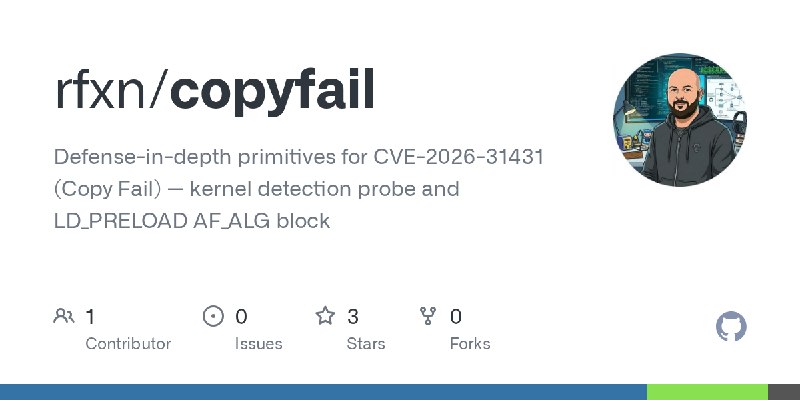 GitHub - rfxn/copyfail: Defense-in-depth primitives for CVE-2026-31431 (Copy Fail) — kernel detection probe and LD_PRELOAD AF_ALG…