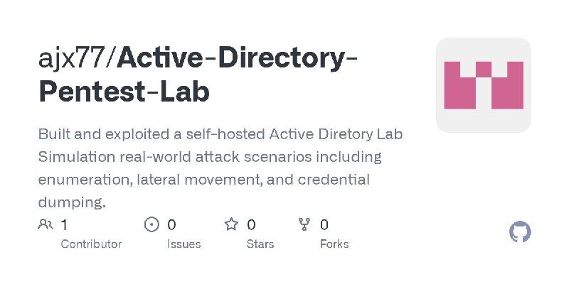 GitHub - ajx77/Active-Directory-Pentest-Lab: Built and exploited a self-hosted Active Diretory Lab Simulation real-world attack…