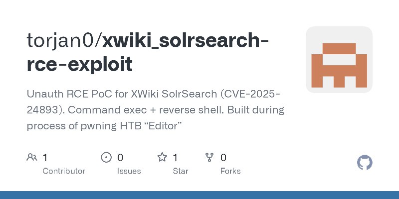 GitHub - torjan0/xwiki_solrsearch-rce-exploit: Unauth RCE PoC for XWiki SolrSearch (CVE-2025-24893). Command exec + reverse shell.…