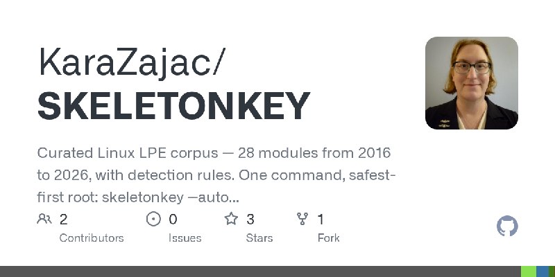 GitHub - KaraZajac/SKELETONKEY: Curated Linux LPE corpus — 28 modules from 2016 to 2026, with detection rules. One command, safest…