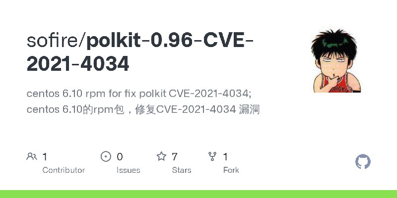 GitHub - sofire/polkit-0.96-CVE-2021-4034: centos 6.10 rpm for fix polkit CVE-2021-4034;   centos 6.10的rpm包，修复CVE-2021-4034 漏洞