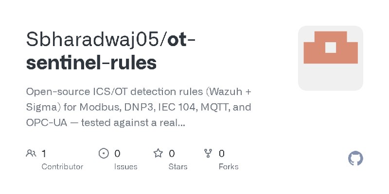 GitHub - Sbharadwaj05/ot-sentinel-rules: Open-source ICS/OT detection rules (Wazuh + Sigma) for Modbus, DNP3, IEC 104, MQTT, and…