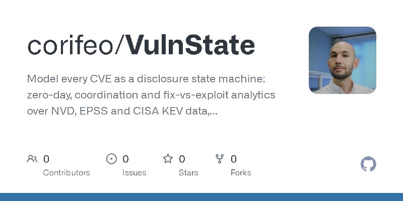 GitHub - corifeo/VulnState: Model every CVE as a disclosure state machine: zero-day, coordination and fix-vs-exploit analytics…