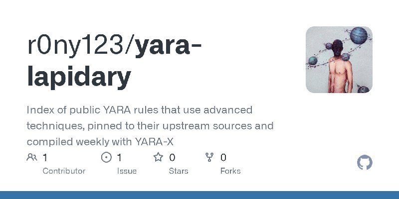GitHub - r0ny123/yara-lapidary: Index of public YARA rules that use advanced techniques, pinned to their upstream sources and compiled…