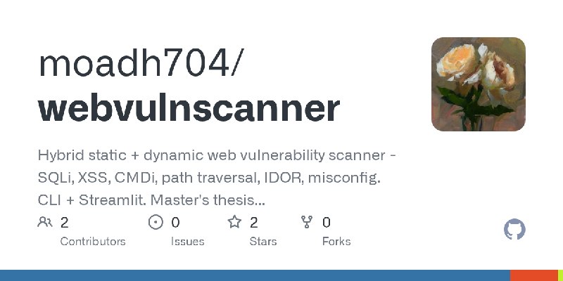 GitHub - moadh704/webvulnscanner: Hybrid static + dynamic web vulnerability scanner - SQLi, XSS, CMDi, path traversal, IDOR, misconfig.…