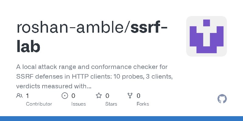 GitHub - roshan-amble/ssrf-lab: A local attack range and conformance checker for SSRF defenses in HTTP clients: 10 probes, 3 clients…