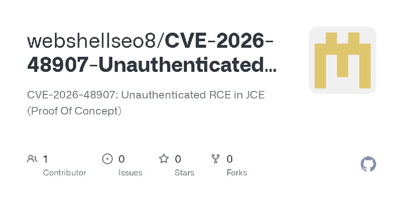 GitHub - webshellseo8/CVE-2026-48907-Unauthenticated-RCE-in-JCE: CVE-2026-48907: Unauthenticated RCE in JCE (Proof Of Concept)