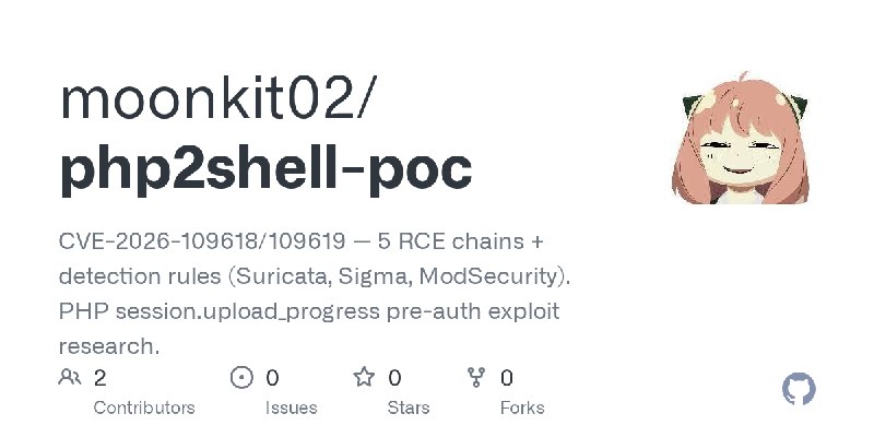 GitHub - moonkit02/php2shell-poc: CVE-2026-109618/109619 — 5 RCE chains + detection rules (Suricata, Sigma, ModSecurity). PHP …
