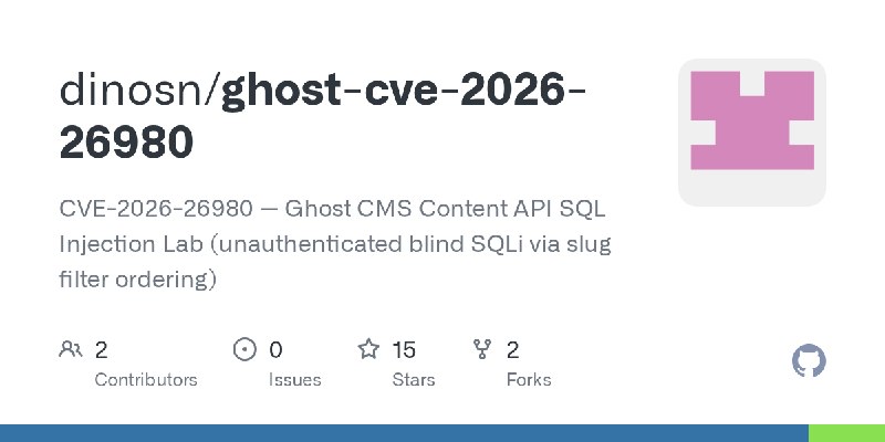 GitHub - dinosn/ghost-cve-2026-26980: CVE-2026-26980 — Ghost CMS Content API SQL Injection Lab (unauthenticated blind SQLi via…