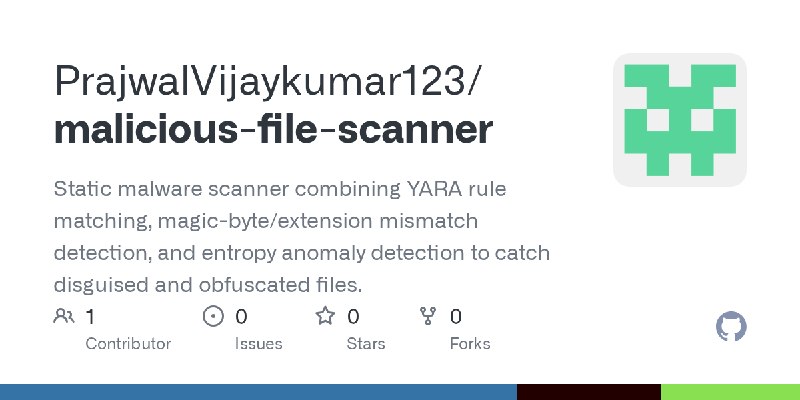 GitHub - PrajwalVijaykumar123/malicious-file-scanner: Static malware scanner combining YARA rule matching, magic-byte/extension…
