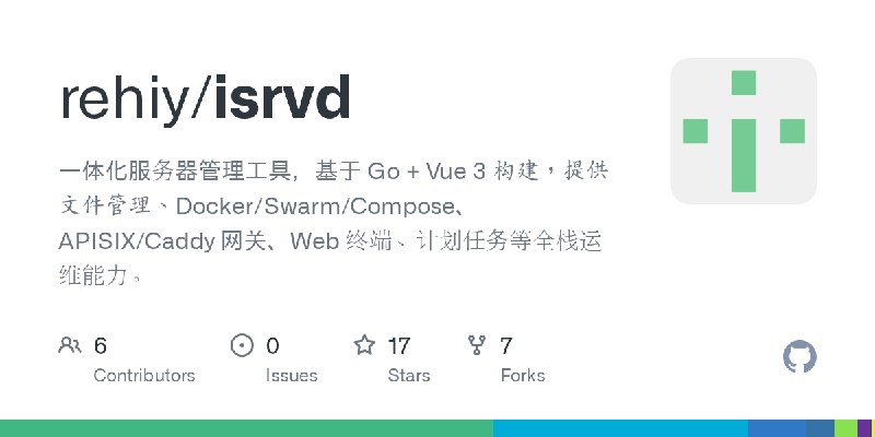 GitHub - rehiy/isrvd: 一体化服务器管理工具，基于 Go + Vue 3 构建，提供文件管理、Docker/Swarm/Compose、APISIX/Caddy 网关、Web 终端、计划任务等全栈运维能力。