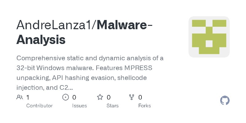 GitHub - AndreLanza1/Malware-Analysis: Comprehensive static and dynamic analysis of a 32-bit Windows malware. Features MPRESS unpacking…