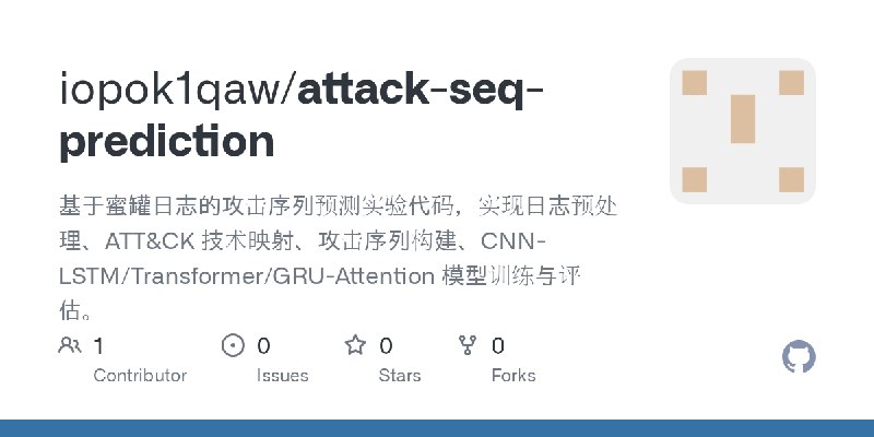 GitHub - iopok1qaw/attack-seq-prediction: 基于蜜罐日志的攻击序列预测实验代码，实现日志预处理、ATT&CK 技术映射、攻击序列构建、CNN-LSTM/Transformer/GRU-Attention 模型训练与评估。