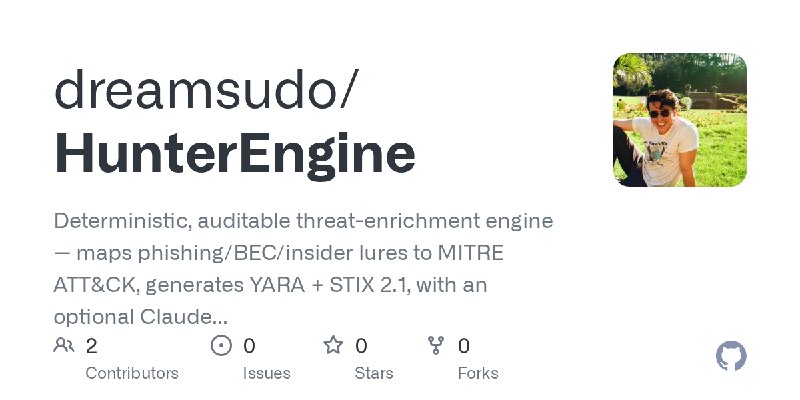 GitHub - dreamsudo/HunterEngine: Deterministic, auditable threat-enrichment engine — maps phishing/BEC/insider lures to MITRE ATT&CK…