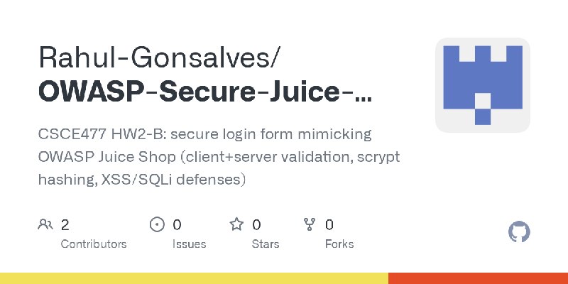 GitHub - Rahul-Gonsalves/OWASP-Secure-Juice-Shop: CSCE477 HW2-B: secure login form mimicking OWASP Juice Shop (client+server validation…