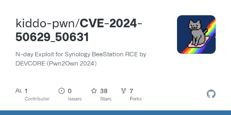 GitHub - kiddo-pwn/CVE-2024-50629_50631: N-day Exploit for Synology BeeStation RCE by DEVCORE (Pwn2Own 2024)