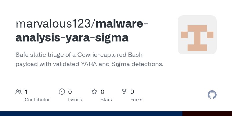 GitHub - marvalous123/malware-analysis-yara-sigma: Safe static triage of a Cowrie-captured Bash payload with validated YARA and…