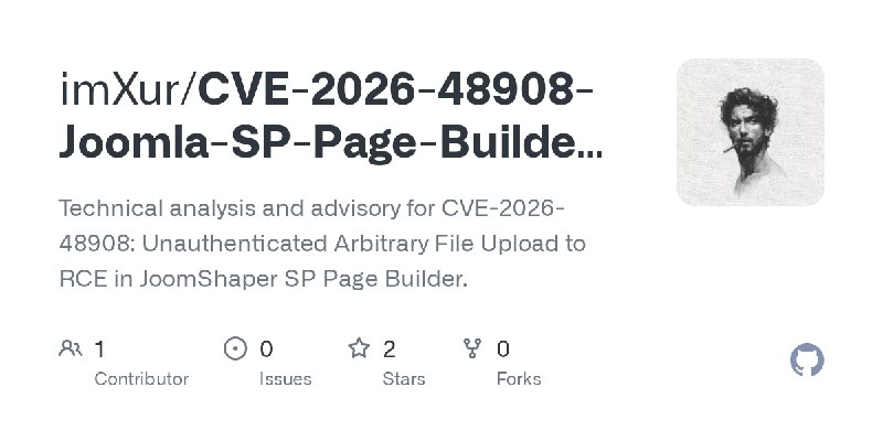 GitHub - imXur/CVE-2026-48908-Joomla-SP-Page-Builder-RCE: Technical analysis and advisory for CVE-2026-48908: Unauthenticated Arbitrary…