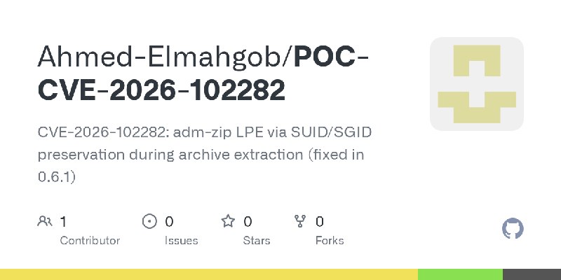 GitHub - Ahmed-Elmahgob/POC-CVE-2026-102282: CVE-2026-102282: adm-zip LPE via SUID/SGID preservation during archive extraction…