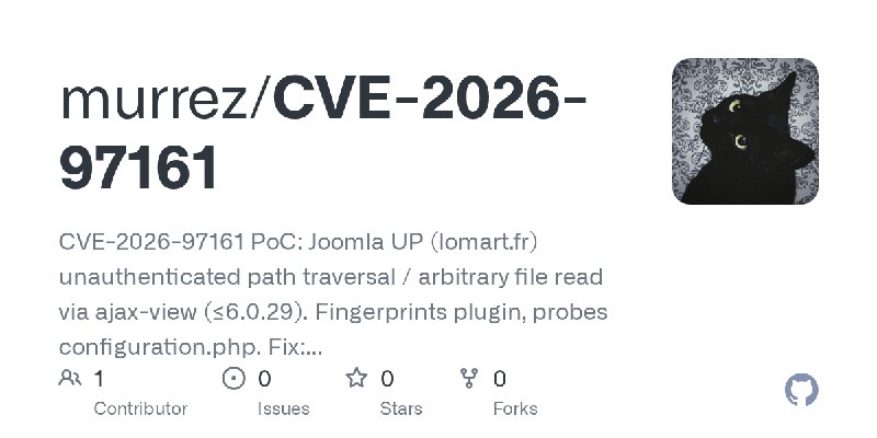 GitHub - murrez/CVE-2026-97161: CVE-2026-97161 PoC: Joomla UP (lomart.fr) unauthenticated path traversal / arbitrary file read…