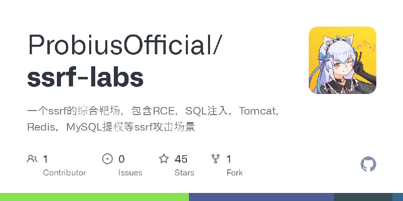 GitHub - ProbiusOfficial/ssrf-labs: 一个ssrf的综合靶场，包含RCE，SQL注入，Tomcat，Redis，MySQL提权等ssrf攻击场景