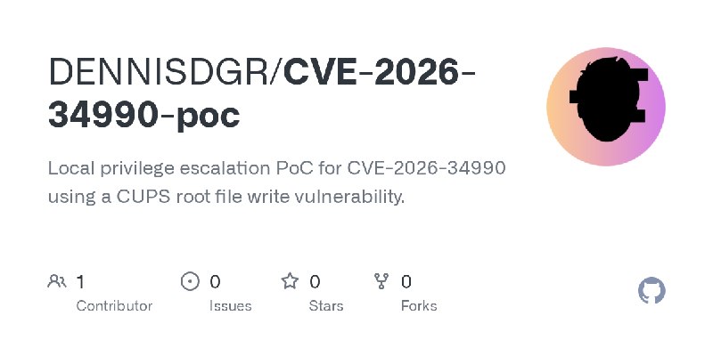 GitHub - DENNISDGR/CVE-2026-34990-poc: Local privilege escalation PoC for CVE-2026-34990 using a CUPS root file write vulnerability.