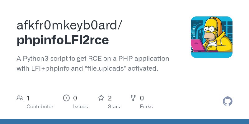GitHub - afkfr0mkeyb0ard/phpinfoLFI2rce: A Python3 script to get RCE on a PHP application with LFI+phpinfo and 