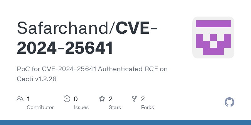 GitHub - Safarchand/CVE-2024-25641: PoC for CVE-2024-25641 Authenticated RCE on Cacti v1.2.26