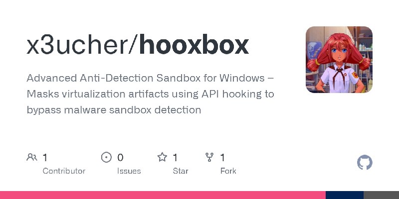 GitHub - x3ucher/hooxbox: Advanced Anti-Detection Sandbox for Windows – Masks virtualization artifacts using API hooking to bypass…