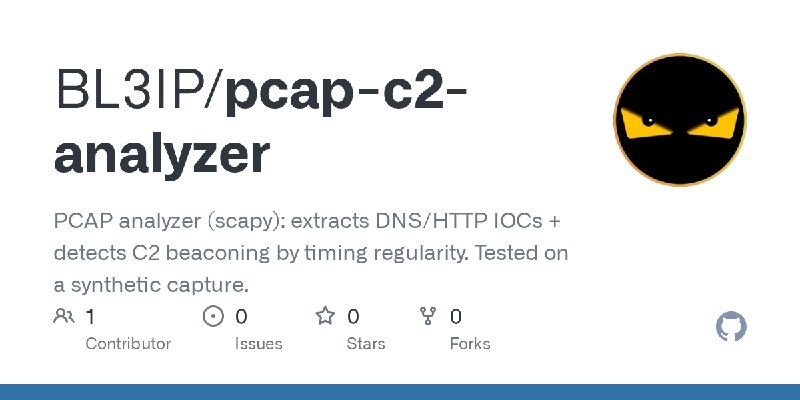 GitHub - BL3IP/pcap-c2-analyzer: PCAP analyzer (scapy): extracts DNS/HTTP IOCs + detects C2 beaconing by timing regularity. Tested…