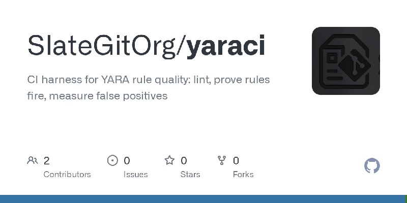 GitHub - SlateGitOrg/yaraci: CI harness for YARA rule quality: lint, prove rules fire, measure false positives