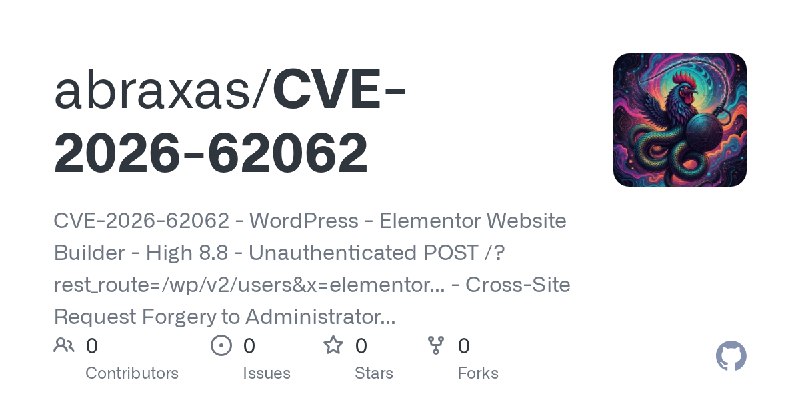 GitHub - abraxas/CVE-2026-62062: CVE-2026-62062 - WordPress - Elementor Website Builder - High 8.8 - Unauthenticated POST /?re…