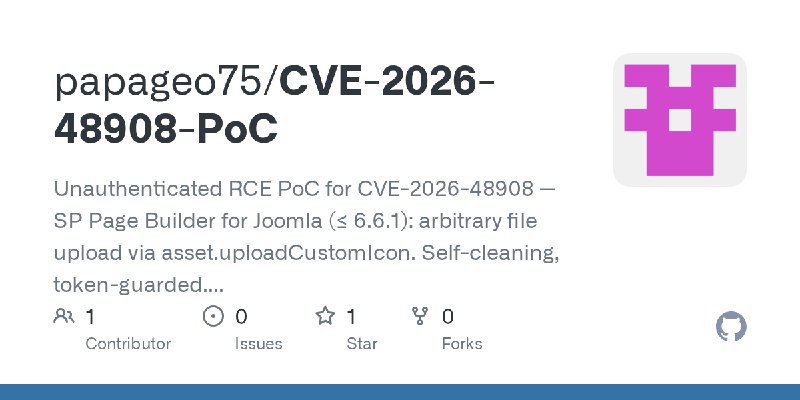 GitHub - papageo75/CVE-2026-48908-PoC: Unauthenticated RCE PoC for CVE-2026-48908 — SP Page Builder for Joomla (≤ 6.6.1): arbitrary…