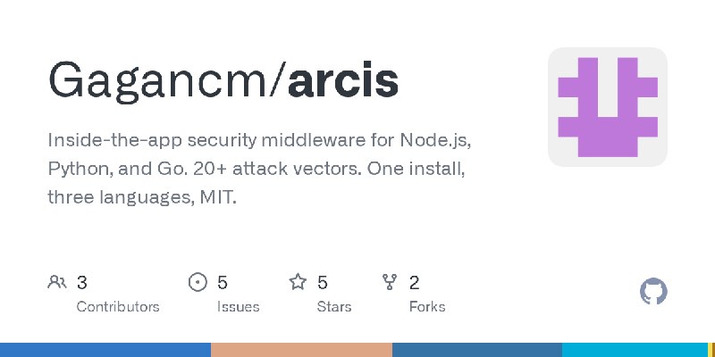 GitHub - Gagancm/arcis: Inside-the-app security middleware for Node.js, Python, and Go. 20+ attack vectors. One install, three…