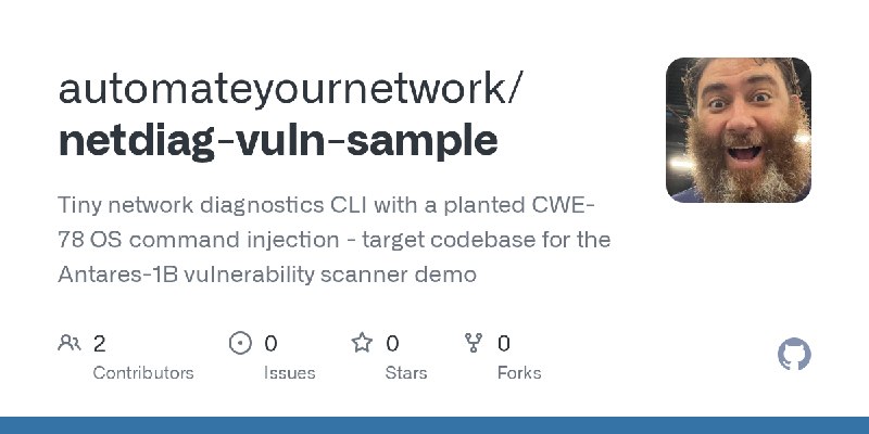 GitHub - automateyournetwork/netdiag-vuln-sample: Tiny network diagnostics CLI with a planted CWE-78 OS command injection - target…