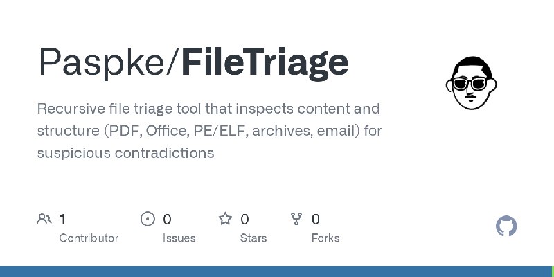 GitHub - Paspke/FileTriage: Recursive file triage tool that inspects content and structure (PDF, Office, PE/ELF, archives, email)…