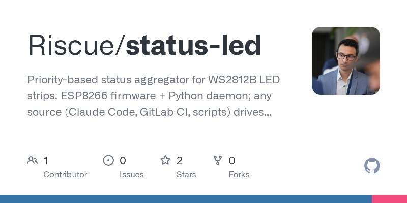 GitHub - Riscue/status-led: Priority-based status aggregator for WS2812B LED strips. ESP8266 firmware + Python daemon; any source…