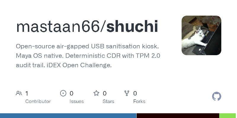 GitHub - mastaan66/shuchi: Open-source air-gapped USB sanitisation kiosk. Maya OS native. Deterministic CDR with TPM 2.0 audit…