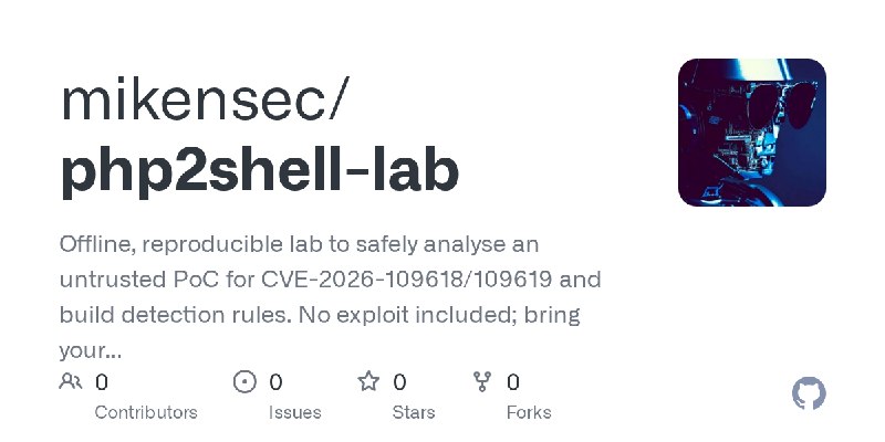 GitHub - mikensec/php2shell-lab: Offline, reproducible lab to safely analyse an untrusted PoC for CVE-2026-109618/109619 and build…