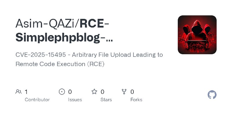 GitHub - Asim-QAZi/RCE-Simplephpblog-biggiedroid: CVE-2025-15495 - Arbitrary File Upload Leading to Remote Code Execution (RCE)