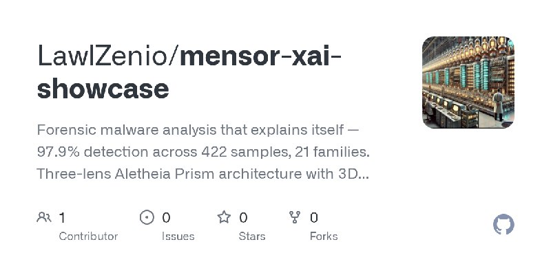 GitHub - LawlZenio/mensor-xai-showcase: Forensic malware analysis that explains itself — 97.9% detection across 422 samples, 21…